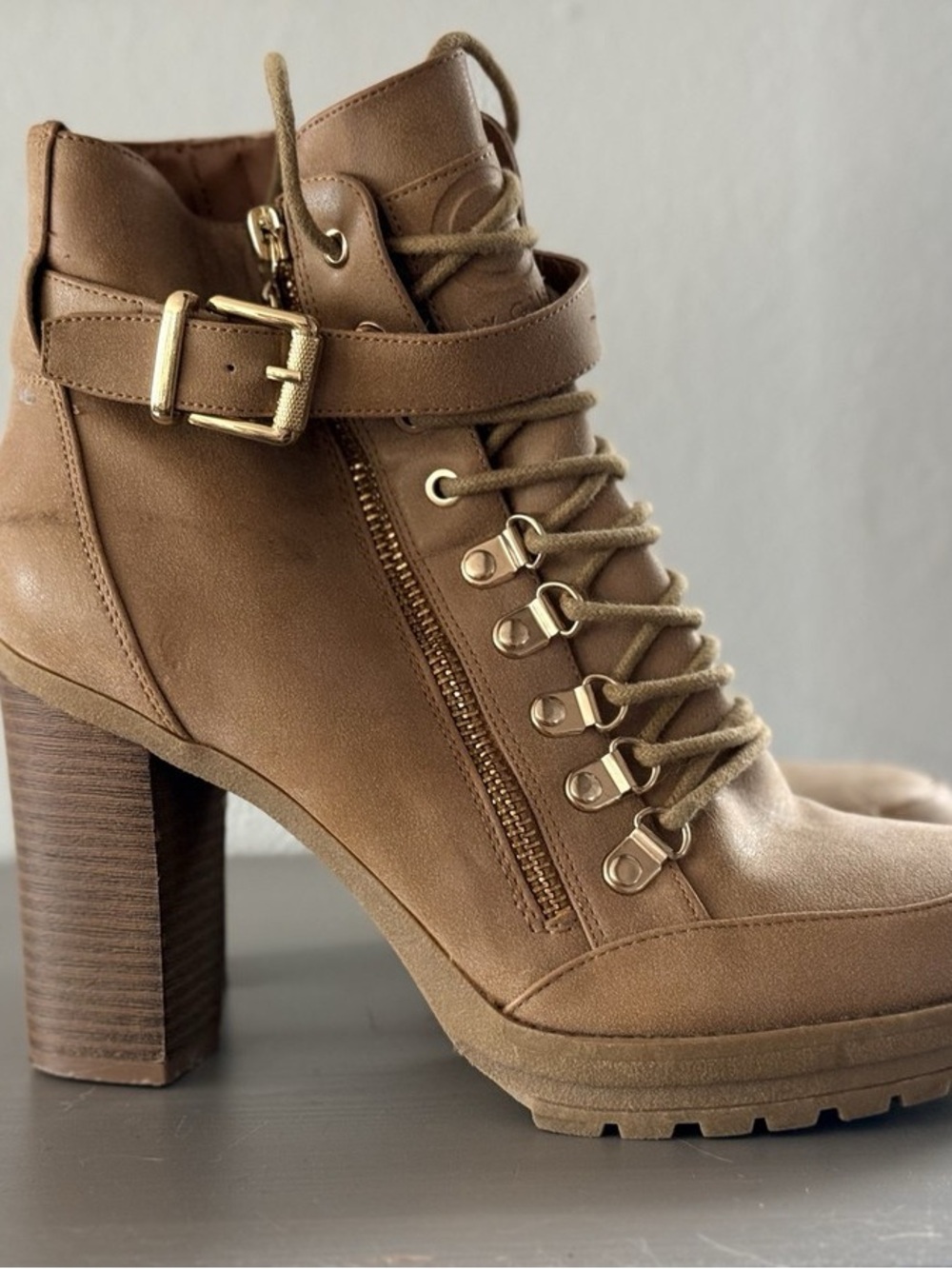 Guess Tan Lace-Up Block Heel Ankle Boot